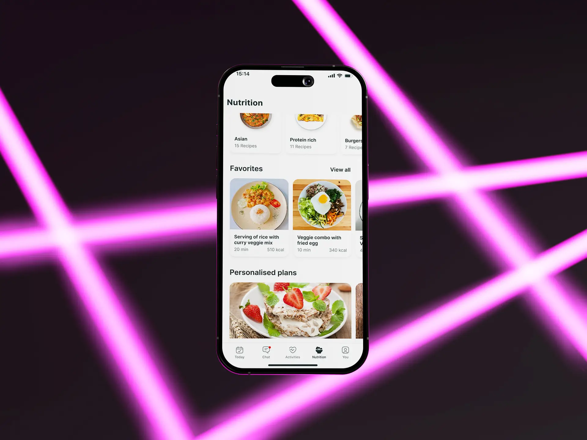 Mobile device showing nutrition and recipe features for a fitness training app