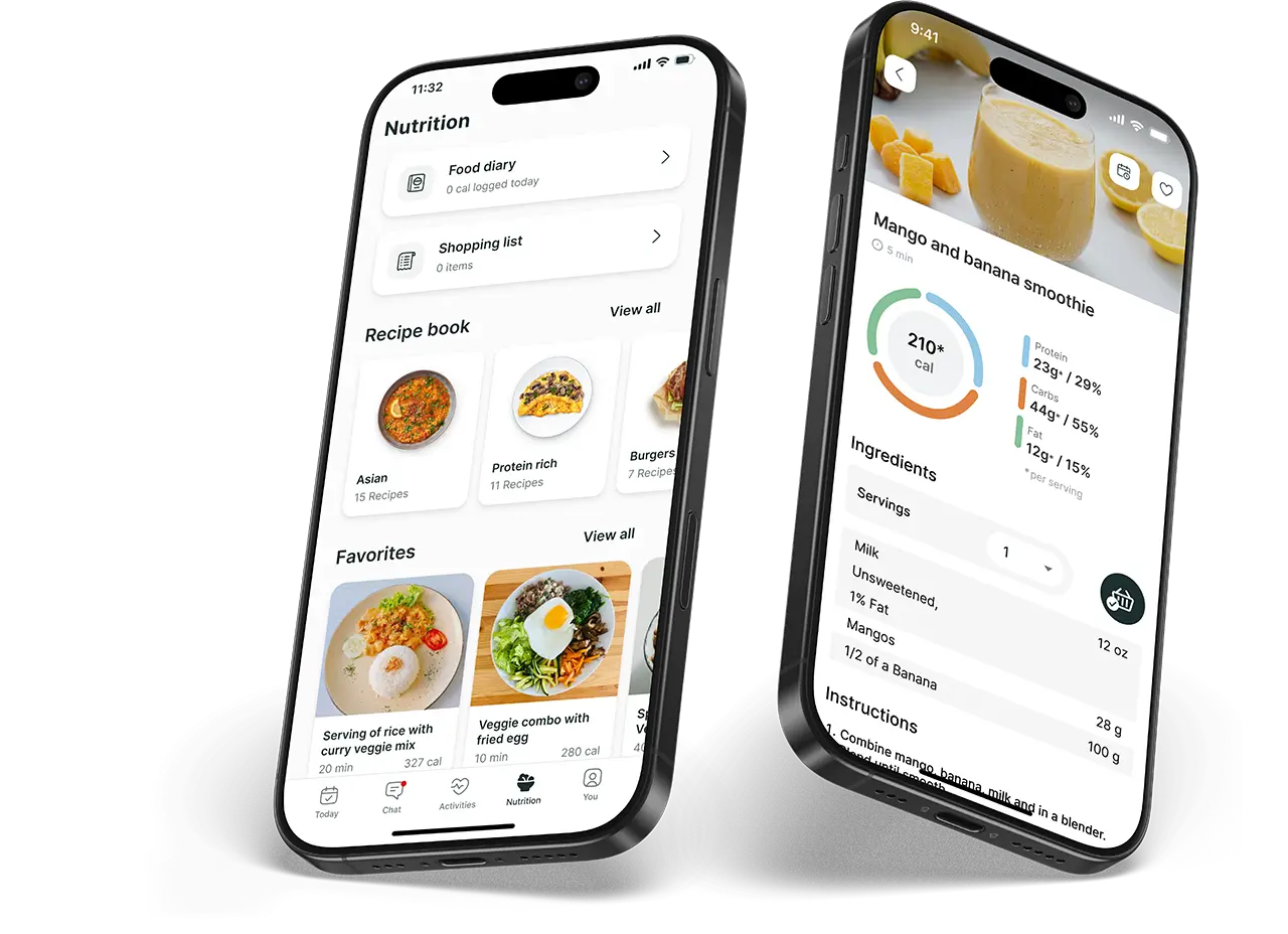 Two mobile devices showing a fitness app's nutrition features