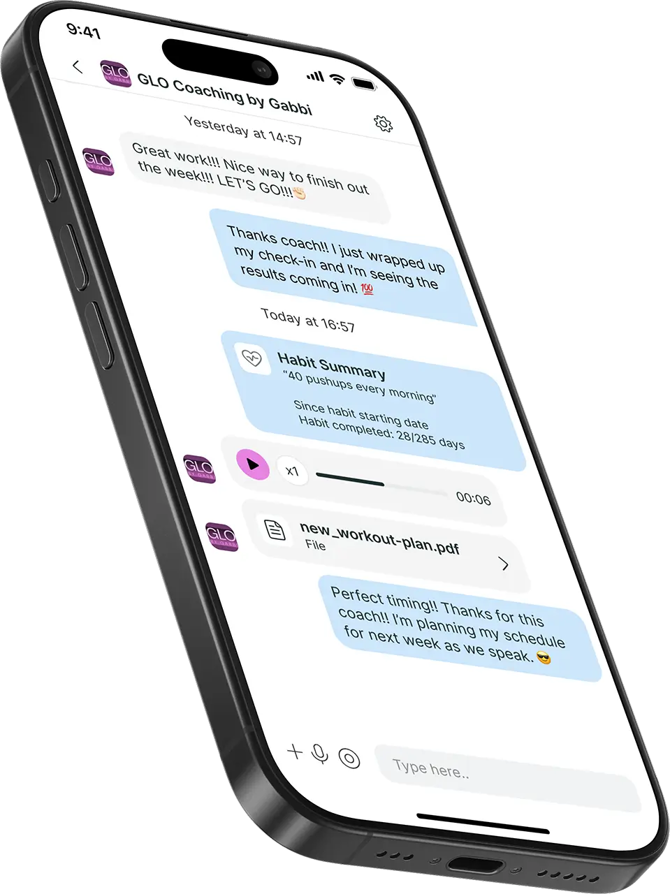 Mobile device showing fitness app chat feature