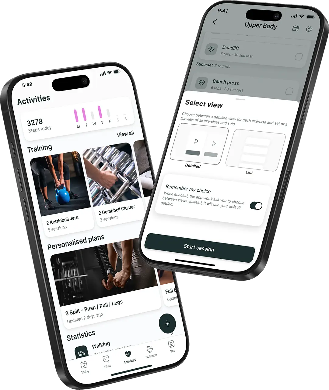 Two mobile devices showing a fitness app's fitness features