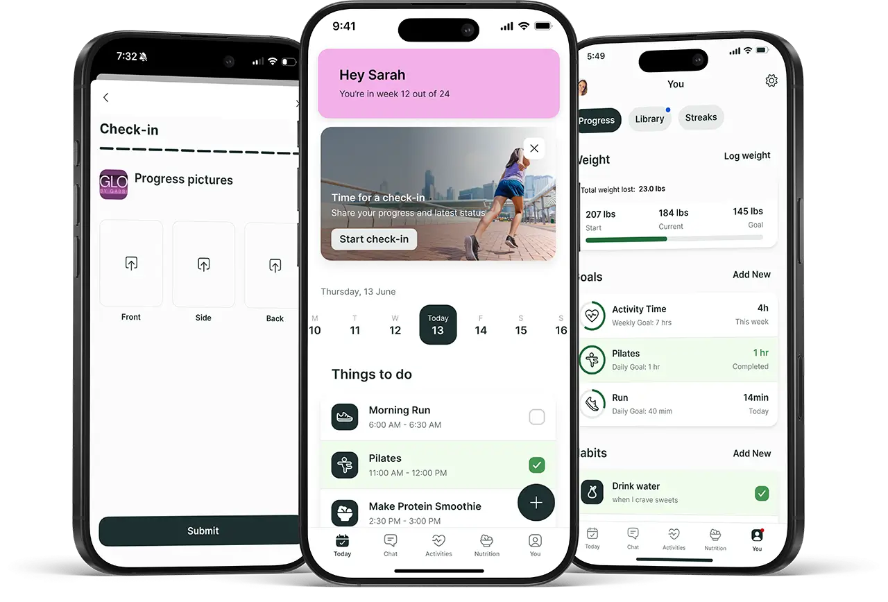 Three mobile devices showing Gabbi Tuft's fitness app progress features